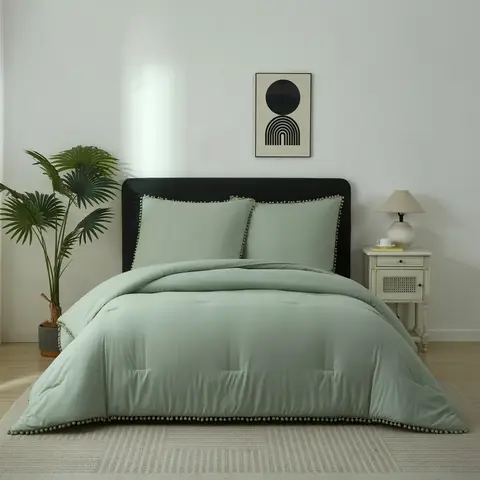 Meeallhome  Comforter Set  Pom Pom  Fringe Bed Set 260*220cm/60*80cm*2  Turquoise
