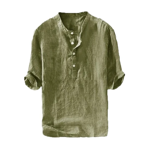 Men's Linen Shirts Casual Cotton 3/4 Sleeve Regular-Fit Henley T-Shirt Summer Lightweight Beach Yoga Tops