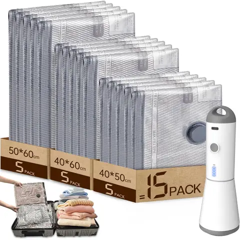 HOMOH Vacuum Bags for Clothes with Wireless Vacuum Pump, Pack of 15 (5 x 40 x 50 cm, 5 x 40 x 60 cm, 5 x 50 x 60 cm), Reusable Vacuum Bags for Travel, Duvets, Moving, Bed Linen