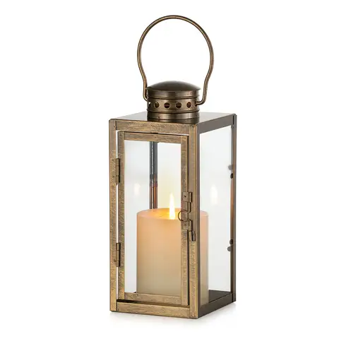 Vintage Lanterns Decorative Indoor: 9.5 inches Tall Hanging Farmhouse Metal Lantern Decor with Glass - Gold Distressed Candle Holder for Halloween Home Mantle Living Room Patio