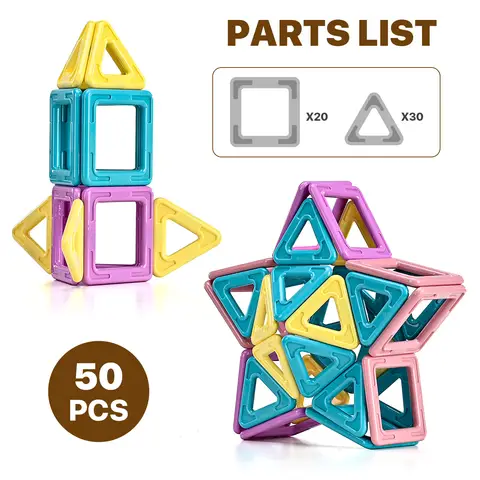 Tokky 50-Piece Magnetic Tiles, Macaron Soft Colors, Creative Educational Building Toy, Strong Magnetic Structure, ABS Safe Material, Color Box Packaging CQ03
