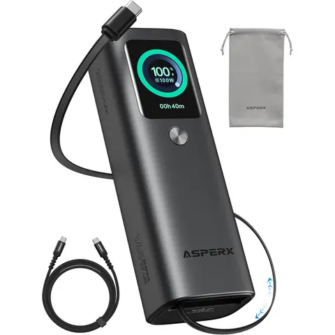 AsperX Laptop Power Bank, 165W 20,000mAh, Retractable Cables, Aluminum Alloy Unibody Portable Charger Power Bank, Battery Bank for MacBook Pro/Air/iPhone 17/iPad Pro/S25 Ultra/Dell/HP(TSA-Approved)
