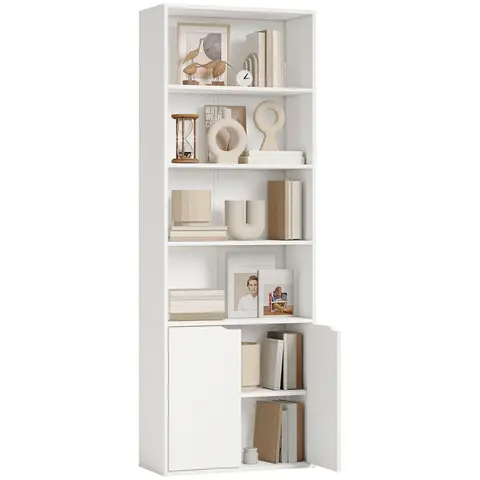 HOMCOM 6-Tier Tall Bookcase, Bookshelf with 4 Open Shelves and Double Door Storage Cabinet, Freestanding Display Rack for Living Room, Bedroom, Home Office, Study, 59 x 29 x 180cm, White