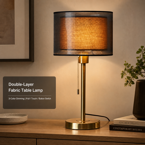 Mohheds Dubbele Lampenkap Tafellamp, Metalen Standaard Dimbaar 3-Tonig Stoffen Bureaulamp Trek-/Touch-/Knopschakelaar Voor Slaapkamer Hotel Binneninrichting Housewarming Cadeau