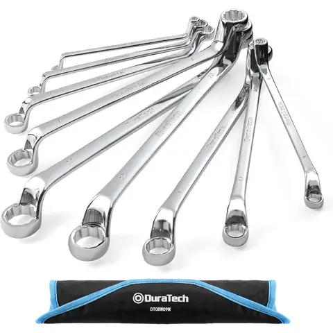 DURATECH Jeu de 8 clés à molette doubles biaisées, 6-22 mm, Acier Cr-V | Biais 75°, Embout à douille 12 points, Acier Cr-V, Antirouille, Pochette enroulable, Espaces restreints
