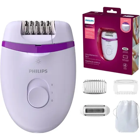 Philips Satinelle Essential Kompakt-Epilierer BRE275/00 - Einfache Epilation, wochenlang glatte Haut, für Beine und empfindliche Bereiche, mit Opti-Light, inklusive 4 Zubehörteilen, Lila