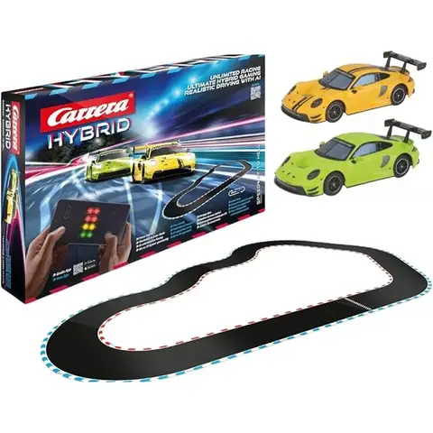 Carrera Hybrid Speedway to Hell I Rennspaß der neuen Generation - Legendäre Rennwagen Porsche 911 GT3 R im Maßstab 1:50 - Hybrid-Technologie mit KI-Unterstützung - Steuerung über Smartphone-App