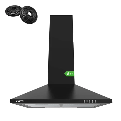Ciarra Hotte Murale 60cm, débit d’air 370 m³/h, classe énergétique A++, évacuation et recyclage, 3 vitesses, finition noir mat CBCB6201