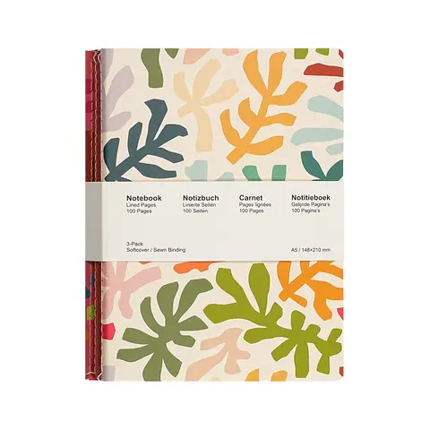 Jubiluu Divers A5 Softcover-Notizbuch, Stitch-Design, 3er-Pack, 50 Blatt (80 g/m²-Offsetpapier), klassisches cremefarbenes geliniertes Journal für Schule, Büro, Journaling oder Alltagsnotizen - Coral Leaves