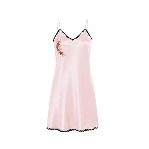 lace v-neck pink silk-like  suspender dress  S