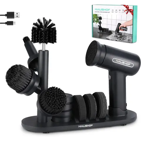 HAUSHOF Electric Cleaning Brush / Battery Cleaning Brush with Stand, LCD Display, 3-Speed Settings, Rotating Brush Cleaner, Includes 7 Brush Heads and 1 Knife Sharpener, for Bathroom, Kitchen, Tiles, Toilet