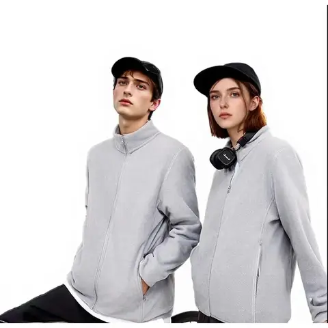 ochama [Anti-Static] Fleece Cardigan Polar Fleece Jacket Outdoor Men and Women Same Style Light Gray XS