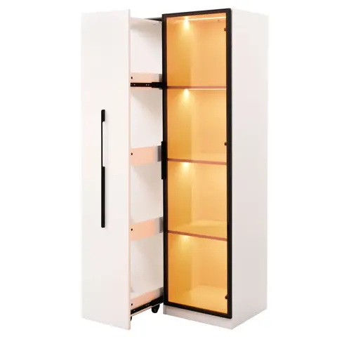 Multifunktionsschrank 160 cm hoch – Bücherregal und Vitrine mit Türen aus gehärtetem Glas, Türrahmen aus Aluminium, 1 Tür, 1 seitliche Schublade, mit Rollen und LED-Beleuchtung-Weiß