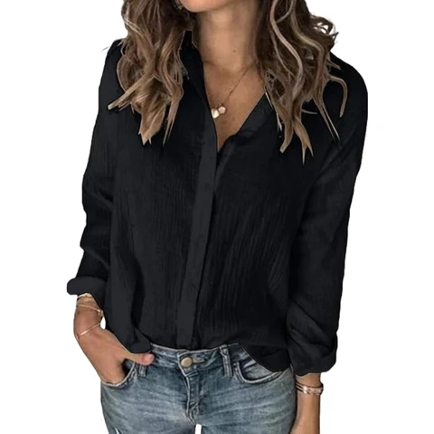 Women's Button Down V Neck Shirts Long Sleeve Blouse Roll Up Cuffed Sleeve Casual Work Plain Tops (black, S)