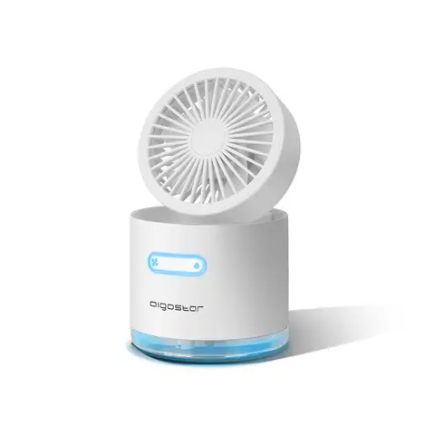 Aigostar Tragbarer USB-Luftkühler Sprühventilator, 300 ml Wassertank, 3 Geschwindigkeitsstufen, 7-Farben-Nachtlicht, Wiederaufladbarer 2000 mAh Akku, Weiß