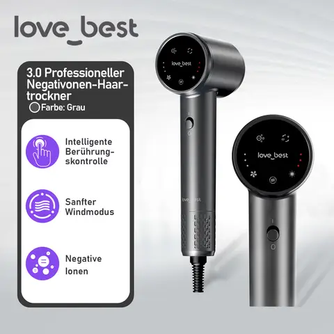 Love best Air3.0 Hochgeschwindigkeits-Ionen-Haartrockner, Grau, professioneller Ionen-Haartrockner, schnelles Trocknen, geräuscharm, leicht, 600 Millionen Ionen-Hochgeschwindigkeits-Haartrockner mit Diffusor, geeignet für Frauen mit Locken, Männer, Familie, Reisen, Salon