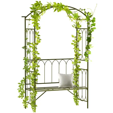 Outsunny Garden Metal Arch Bench Outdoor 2-Seater Chair, Patio Rose Trellis Arbour Pergola for Climbing Plant Vintage Classic Black 115L x 50W x 203H cm