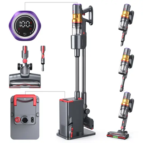 Lubluelu X1000 kabelloser Stielstaubsauger, 27 kPa starke Saugkraft mit Anti-Verhedderungsborste und verbesserter grüner Kopflampe, Selbstentleerungs-Ladestation, freistehendes Design für Tierhaare, Teppiche und Hartböden