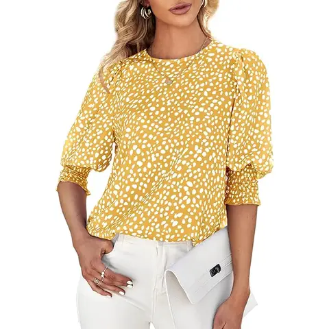 Women's Polka Dot 3/4 Sleeve Blouse Tops Ladies Casual Office Work Crew Neck T-Shirt (yellow, M)