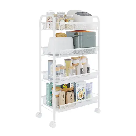 ochama×J.ZAO Étagère de Rangement de Cuisine, Chariot de Rangement, Meuble de Cuisine sur Pied, Armoire à Condiments et Buffet, Meuble à Bols, Chariot à Légumes, Blanc, 4 Niveaux