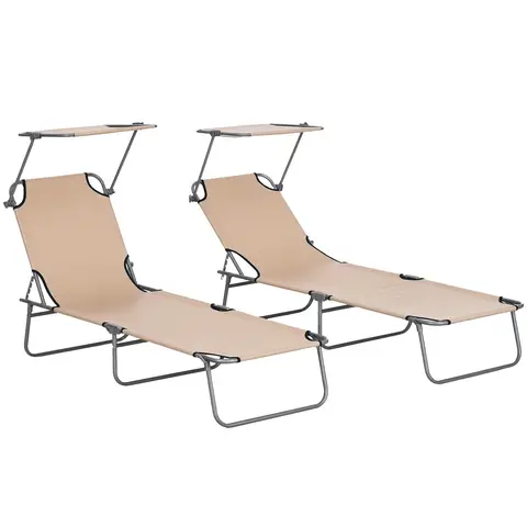 Outsunny Folding Sun Lounger Set of 2 with Canopy, Reclining Sunbed with 4-Position Adjustable Backrest, 600D Oxford Cloth, P