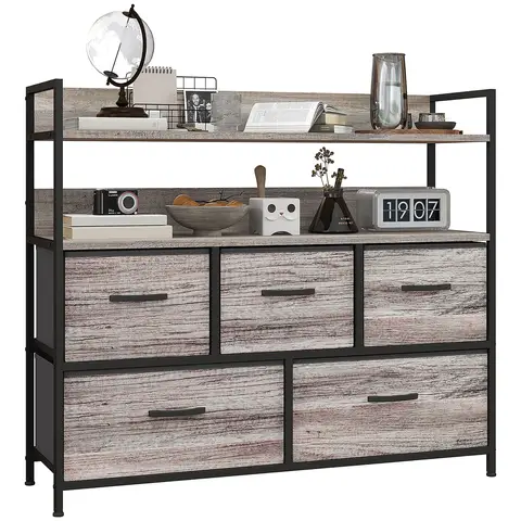 HOMCOM Bedroom Chest of Drawers, Fabric Dresser with 5 Drawers, Storage Organiser Unit with Shelves and Metal Frame Grey