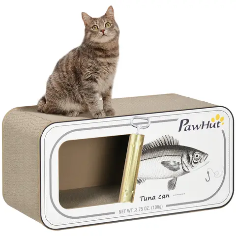 PawHut Cat Scratching Board, 2 in 1 Cat Scratcher Cardboard with Catnip, Canned Tuna Design Cat House for Indoor Kitty, Cream White