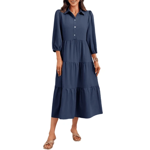 Robe longue superposée pour femme avec col chemise Bleu marine Taille XXL
