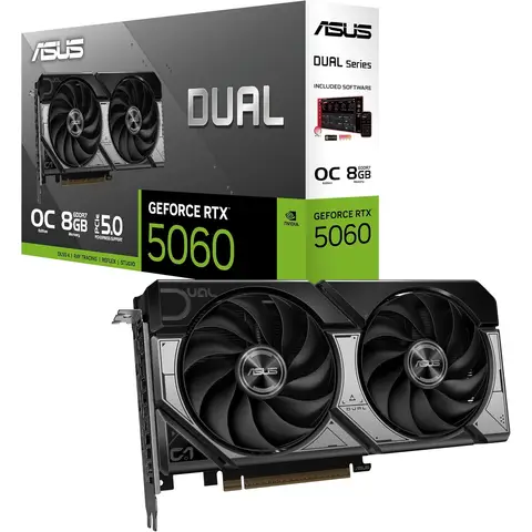 ASUS Dual GeForce RTX 5060 8GB GDDR7 OC Edition (PCIe 5.0, 8GB GDDR7, DLSS 4, HDMI 2.1b, DisplayPort 2.1b, 2,5-Slot-Design, Axial-Tech-Lüfterdesign, 0dB-Technologie)