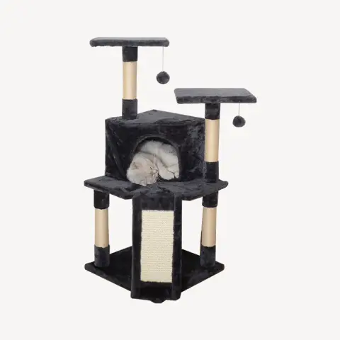 ochama Tour d'arbre à chat multi-niveaux - Design compact et peu encombrant avec poteaux à griffer en sisal et perchoirs - Comprend une niche pour chat et des jouets