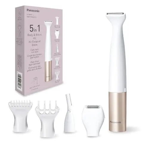 Panasonic ES-WM31 5-in-1 Multitrimmer, Körper- & Bikinizone Haarentferner für Frauen, Damenrasierer, 5 Aufsätze, IPX7 wasserdicht, nass & trocken, batteriebetrieben (1 x AA erforderlich), weiß-gold