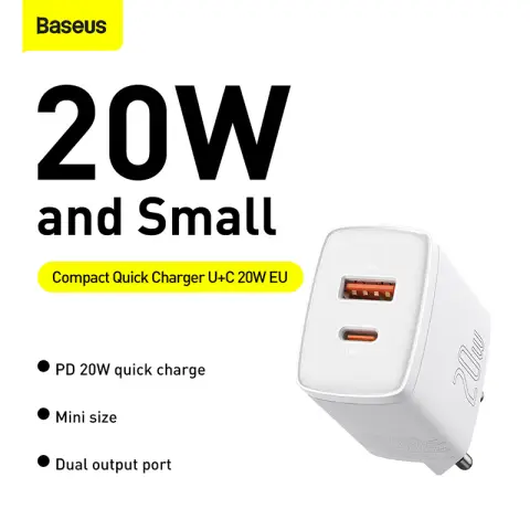 Baseus Compact 20W USB-A/ USB-C Charger - White
