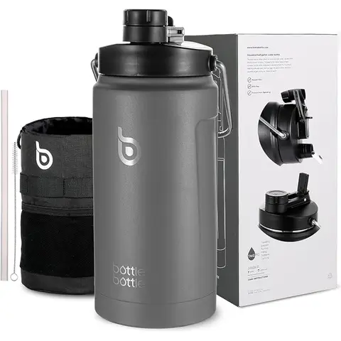 Bottle Bottle Isolier-Wasserflasche 64-oz mit Doppelfunktionsdeckel, vakuumisoliert, Edelstahl, dunkelgrau, Neujahr-Sale, Top-Geschenkideen