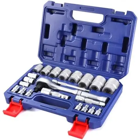 WORKPRO Jeu de douilles 22 pièces 3-en-1, finition mate, avec poignée à cliquet, mallette en plastique bleue (1/4", 3/8", 1/2")