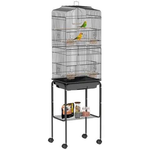 PawHut Bird Cage Budgie Cages for Finch Canary Parakeet with Stand Wheels Slide-out Tray Accessories Storage Shelf, Black 46.5 x 36 x 157 cm