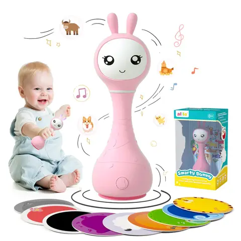 alilo Smarty Bunny Baby Rattle Musical Light Up Toys for Babies 0+ Months Girl Gifts, 5 Music Modes and Color Recognition Function with 9 Color Cards, Pink