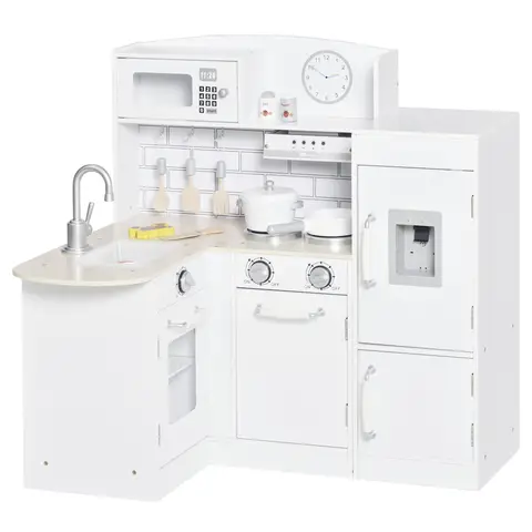 HOMCOM Kids Play Kitchen Wooden Toy Kitchen Cooking Set for Children with Drinking Fountain, Microwave, and Fridge White