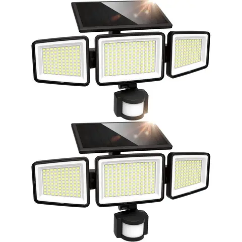 UME Solar Outdoor Lights 302 LED 3000LM, IP65 Waterproof Motion Sensor Outdoor Lights, 3 Heads Solar Security Flood Lights 270 Wide Lighting Angle with 3 Modes for Garden Patio Yard - 2 Pack