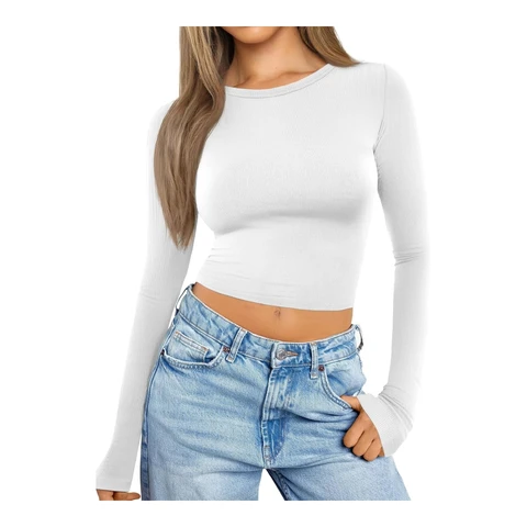 Women Crop Tops Long Sleeve Ribbed Slim fit Workout Cropped Tee Y2K Short T-Shirts (white， L)