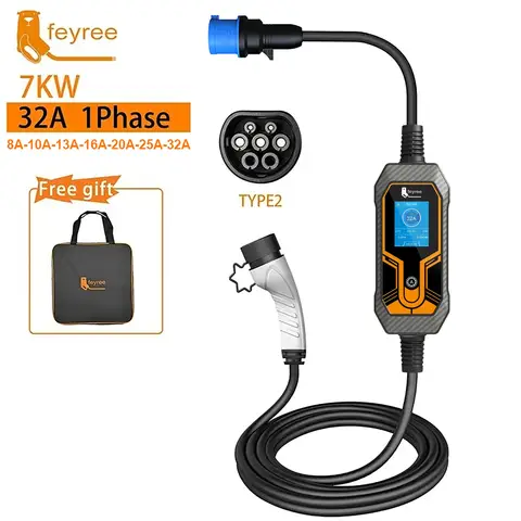 feyree 7 kW Type 2 Kabel, 1-Phasen, tragbare EV-Ladestation, 32 A, 5 m Kabel, EVSE, CEE-Stecker (männlich)