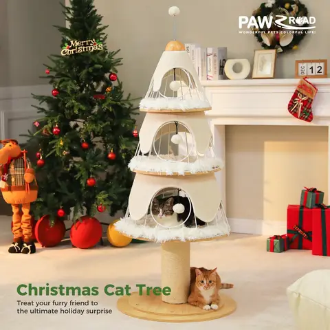 PAWZ Road Weihnachtskatzenstange, 130 cm, Katzenturm mit 14 cm sisalummanteltem Kratzpfahl und 3 großen Katzenhäusern, großer Katzenkratzpfahl für Hauskatzen, Weiß