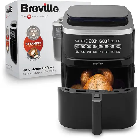 Breville Halo Steam Air Fryer - 7L, 1700W, Black, SteamFry Technology, 50% More Energy Efficient, SteamFry, BakeRoast & Gril, VDF133