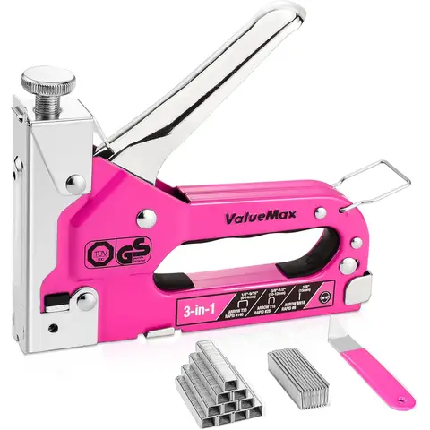 ValueMax Staple Gun 3 in 1, Heavy Duty Stapler with 2000 Staples (Type 140/28/8), TÜV GS Tested Professional Tackers, Adjustable Force Upholstery Staple Gun for Decoration, Carpentry, DIY, Pink