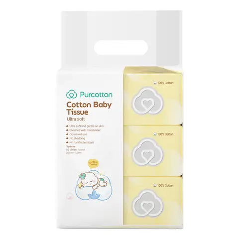 Purcotton Baby-Feuchttücher aus reiner Baumwolle (ultraweich), 240 Blatt (80 Blatt x 3 Packungen), ultraweich und sanft zur Haut, mit Feuchtigkeitsspendern angereichert, trocken oder feucht verwendbar, nicht ausblutend, ohne aggressive Chemikalien