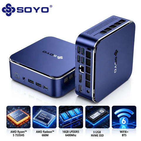 SOYO S5Air Mini-PC, AMD Ryzen 5 7535HS Mini-PC Windows 11 Pro (6 Kerne, 12 Threads, bis zu 4,55 GHz) 16 GB LPDDR5 512 GB NVMe SSD Mini-Computer | AMD Radeon 660M | Bluetooth 5.2 | Wi-Fi 6E | 8K