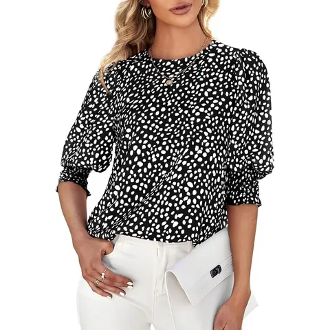 Women's Polka Dot 3/4 Sleeve Blouse Tops Ladies Casual Office Work Crew Neck T-Shirt (Black, S)