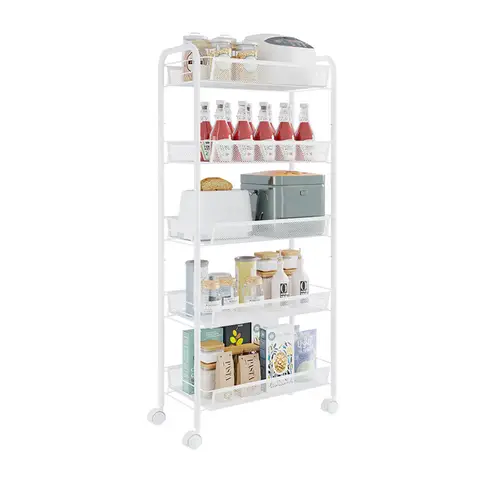 ochama x J.ZAO Chariot de Cuisine Blanc 5 Niveaux avec Roulettes, Organisateur de Rangement pour Épices, Vaisselle et Légumes