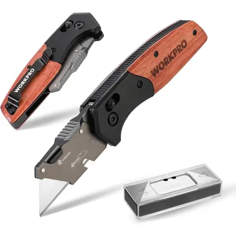 WORKPRO Folding Knife with Wooden Handle & Sliding Lock, Foldable Utility Knife Carpet Knife Quick Change Cutter Knife with Belt Clip, Includes 10 SK5 Replacement Blades