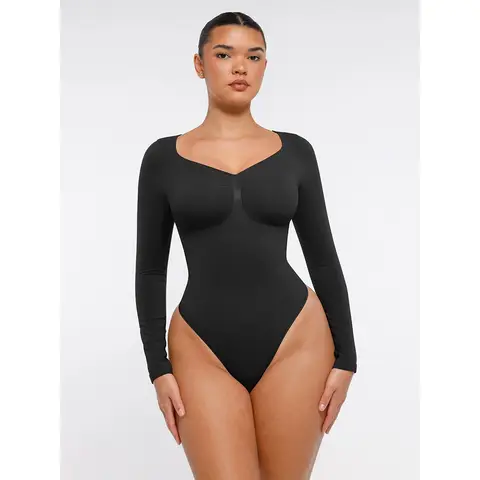Feelingirl Seamless Long Sleeve Arm shaper Tummy Control Ruched Bust Thong Bodysuit for Women L Black, Couple Gift Perfect Gift