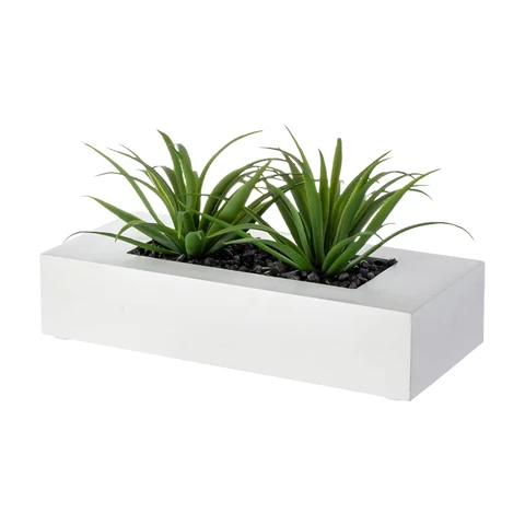 MyGift 25 cm künstliche Gras-Pflanze in weißem rechteckigem Holzpflanzgefäß, Schreibtischdekoration Kunstpflanze